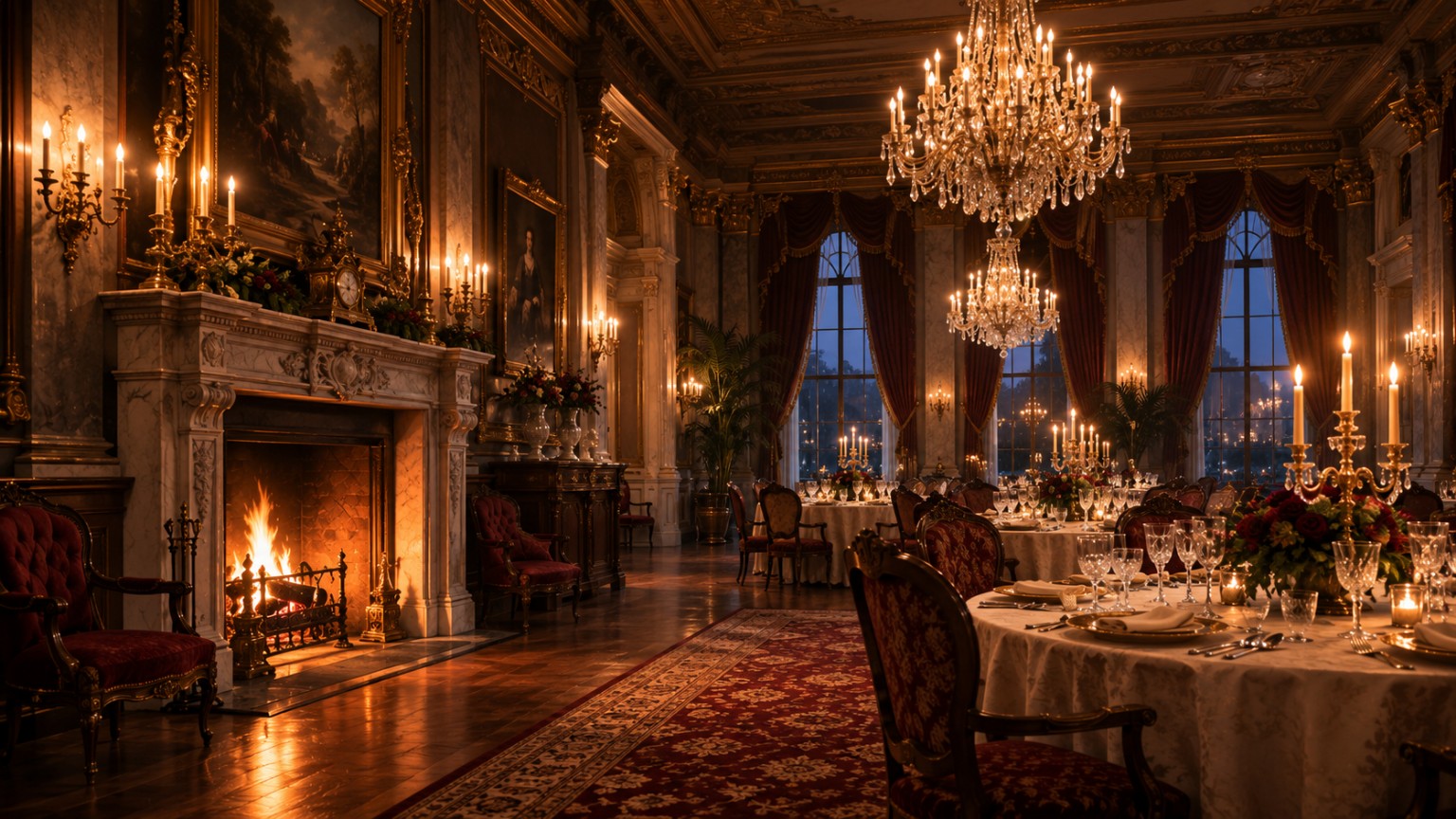 A luxurious candlelit banquet hall with chandeliers and a fireplace